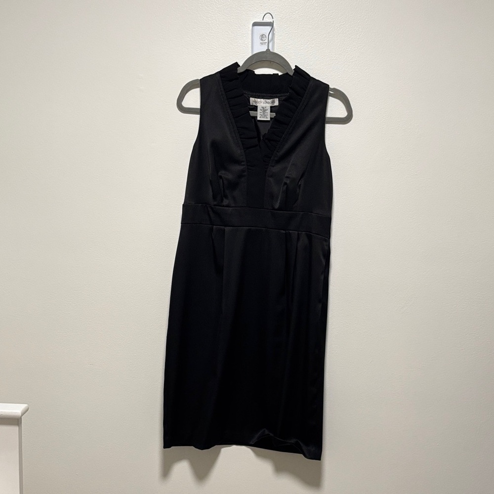 Maggy London Black Ruffle Neck Midi Dress